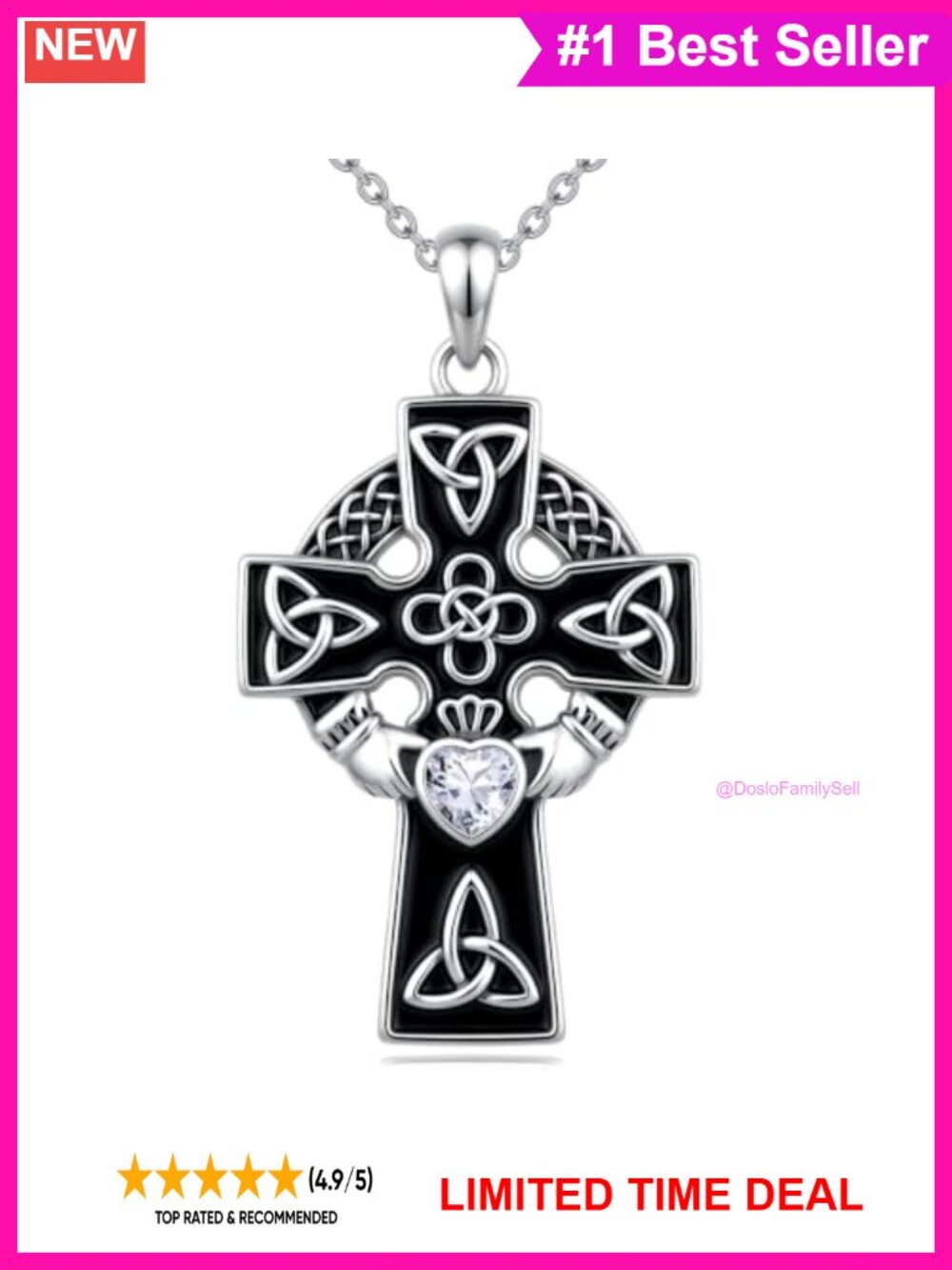 925 Sterling Silver Celtic Cross Necklace Simulated Diamond Pendant